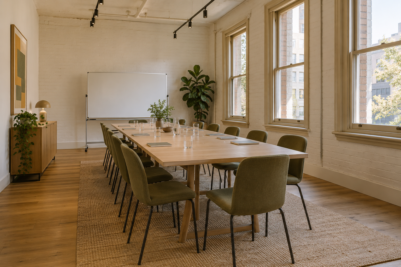 The Workshop room with movable tables, chairs and a whiteboard